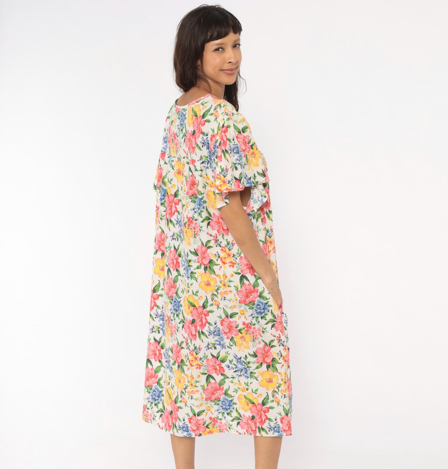 80s Floral Muumuu Dress Pink Yellow Blue Garden Print White Plus Size XXL