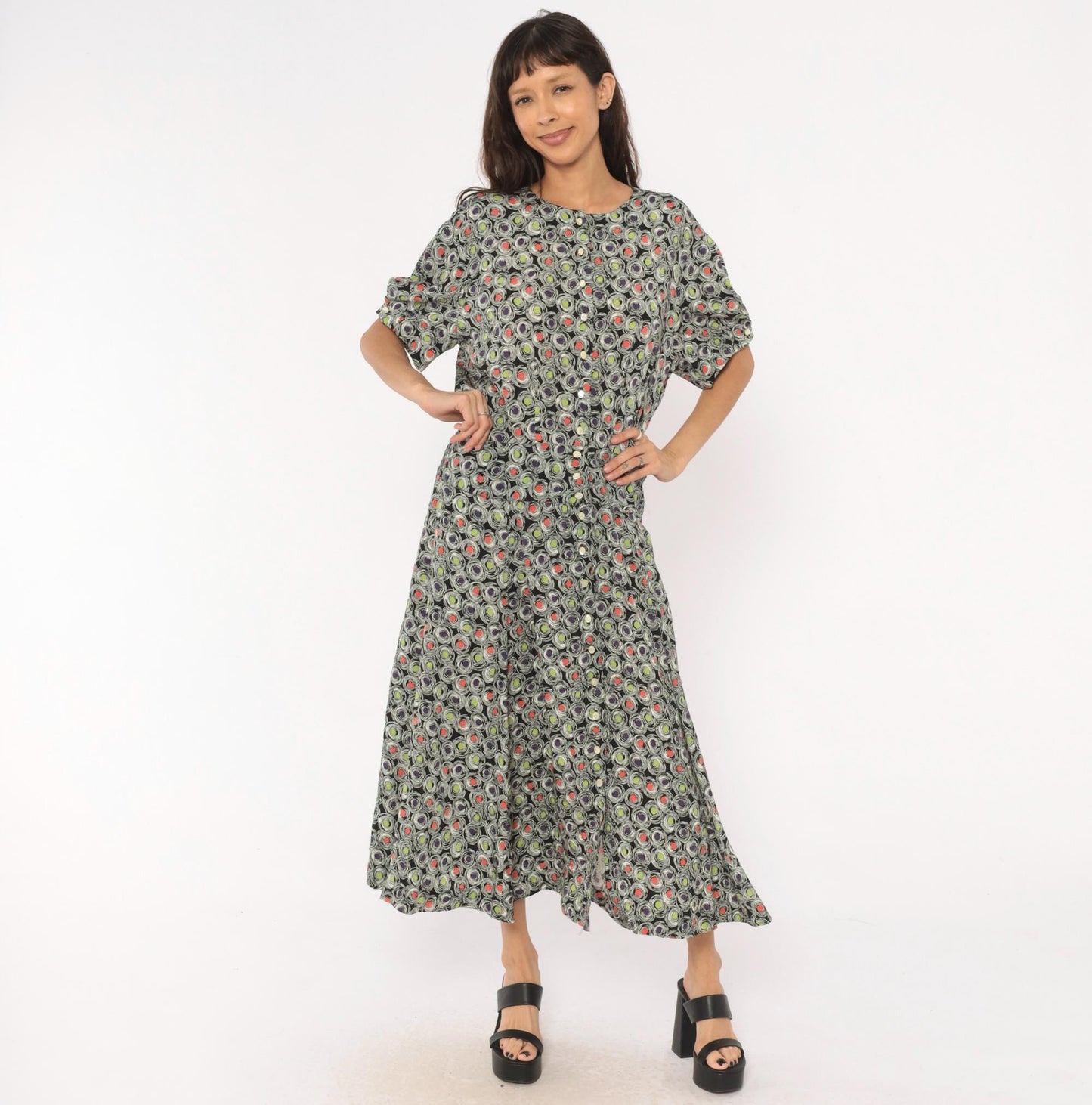 90s Liz Claiborne Maxi Dress Abstract Swirl Print Black Purple Green Coral Large L