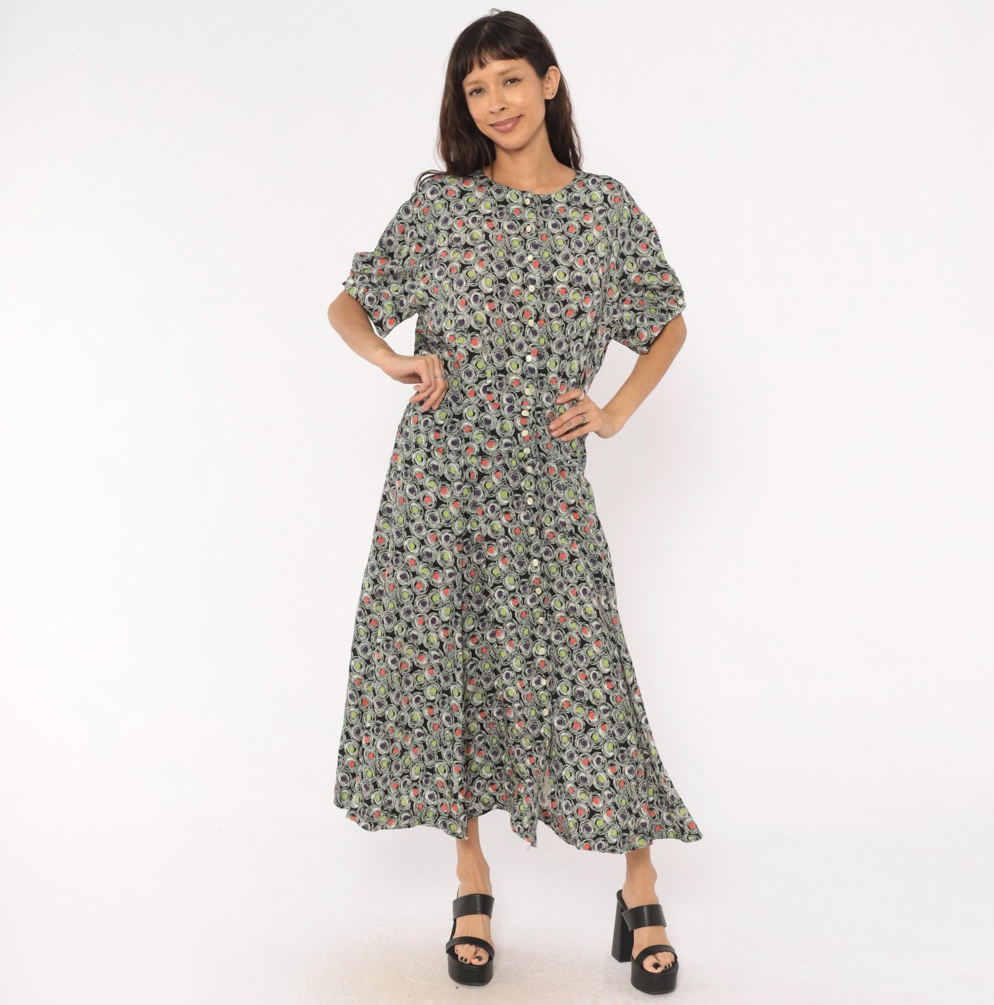 90s Liz Claiborne Maxi Dress Abstract Swirl Print Black Purple Green Coral Large L