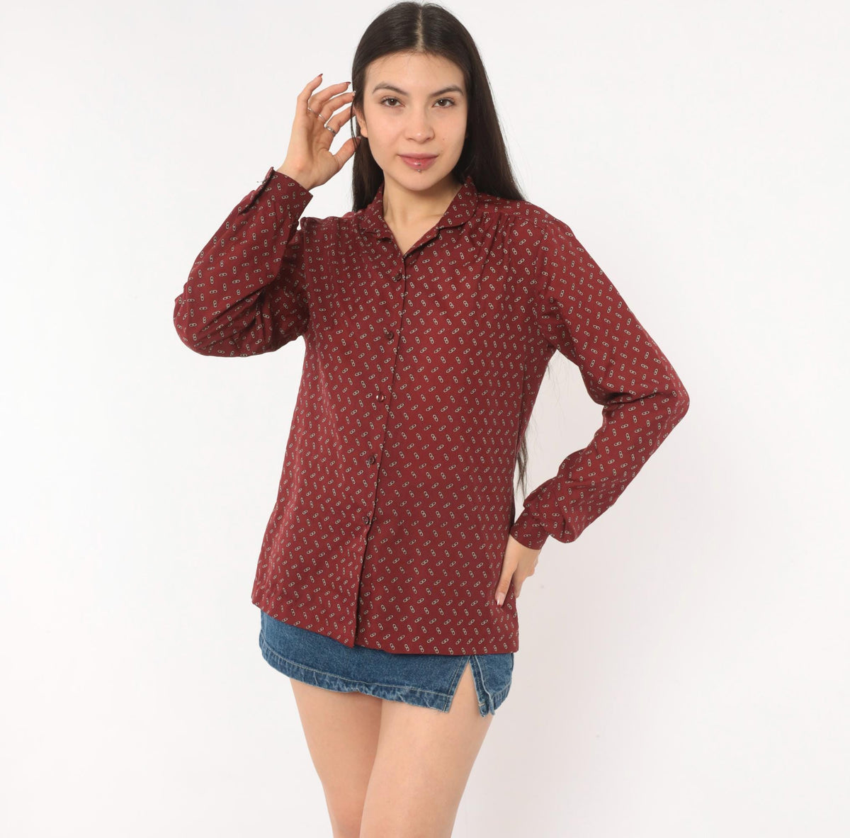 80s Koret Burgundy Chain Link Print Button Blouse Long Sleeve Medium M