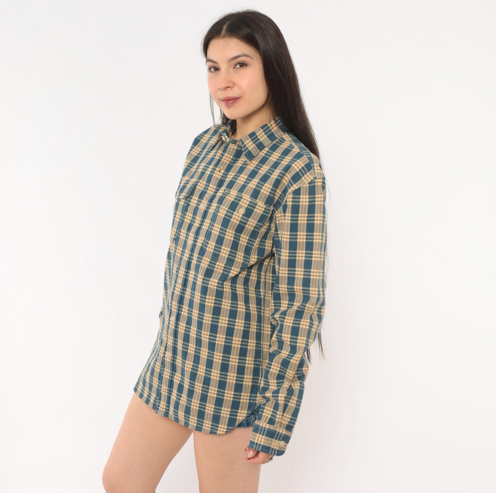 90s Ralph Lauren Plaid Flannel Shirt Teal Cream Cotton Small S