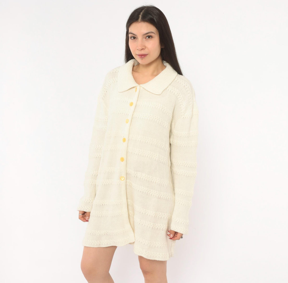 70s Cream Knit Cardigan Button Front Lacework Bands Long Sleeve Extra Large XL