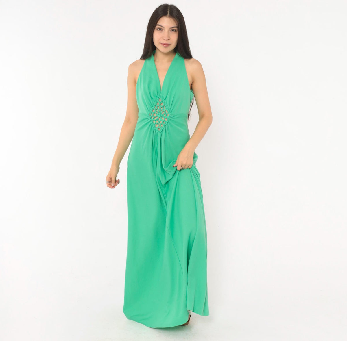 70s Mint Green Halter Maxi Dress Empire Waist Crochet Cutout V Neck Medium Large