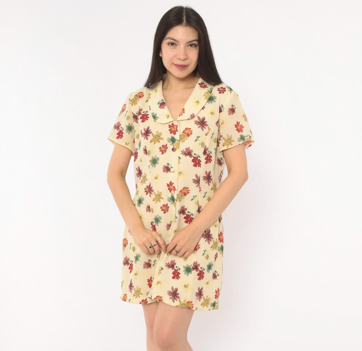 90s Evan-Picone Floral Button Front Mini Dress Cream Daisy Print Medium M