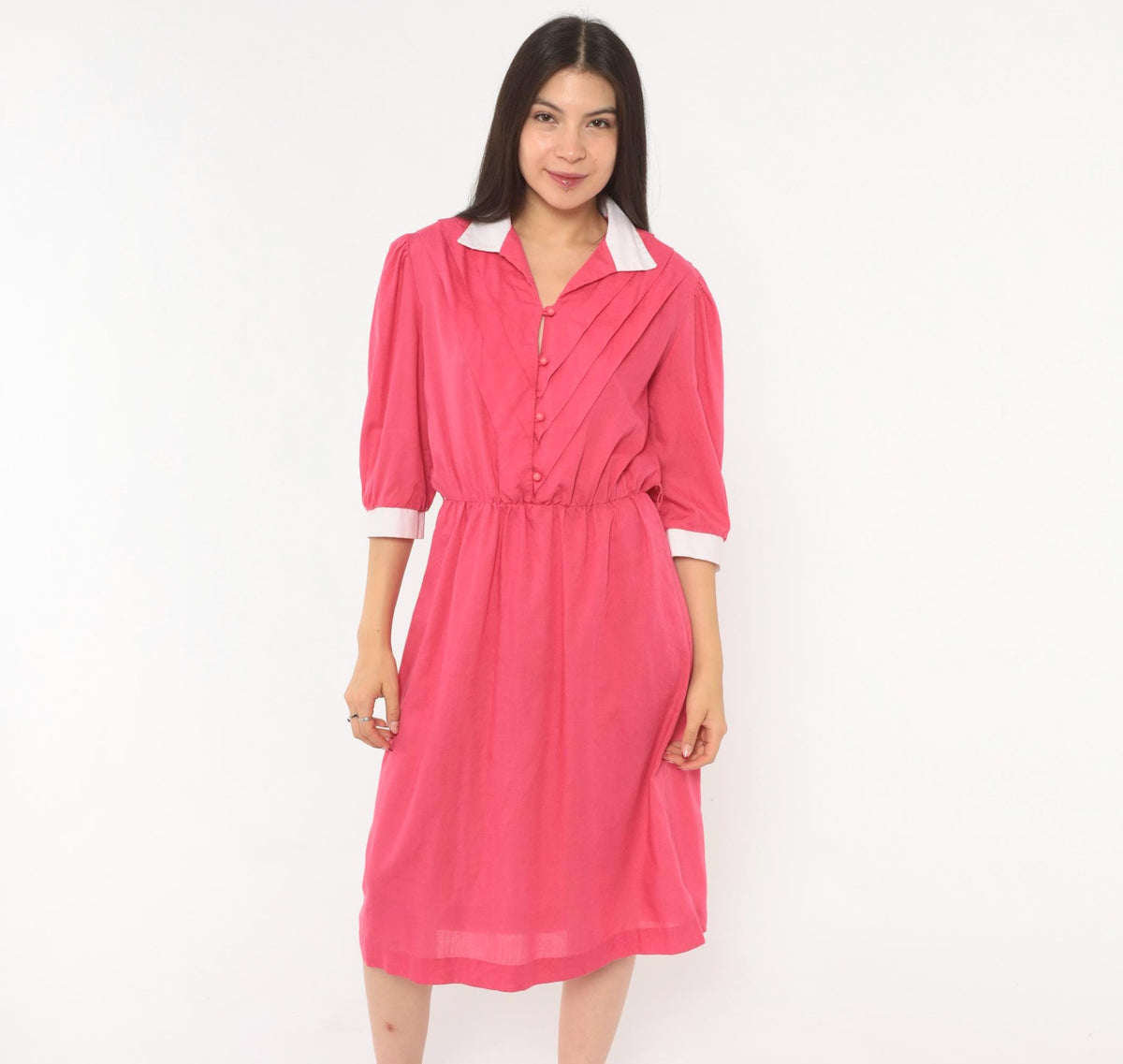 80s Fuchsia Puff Sleeve Shirtdress White Collar Pleated Bodice Pink Buttons Small Medium