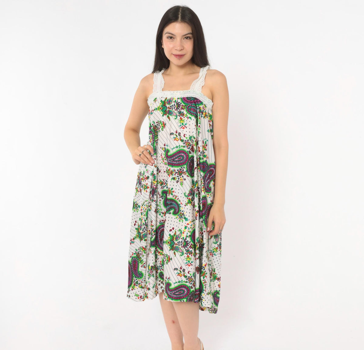 70s Paisley Floral Sundress White Green Purple Eyelet Lace Midi Extra Small