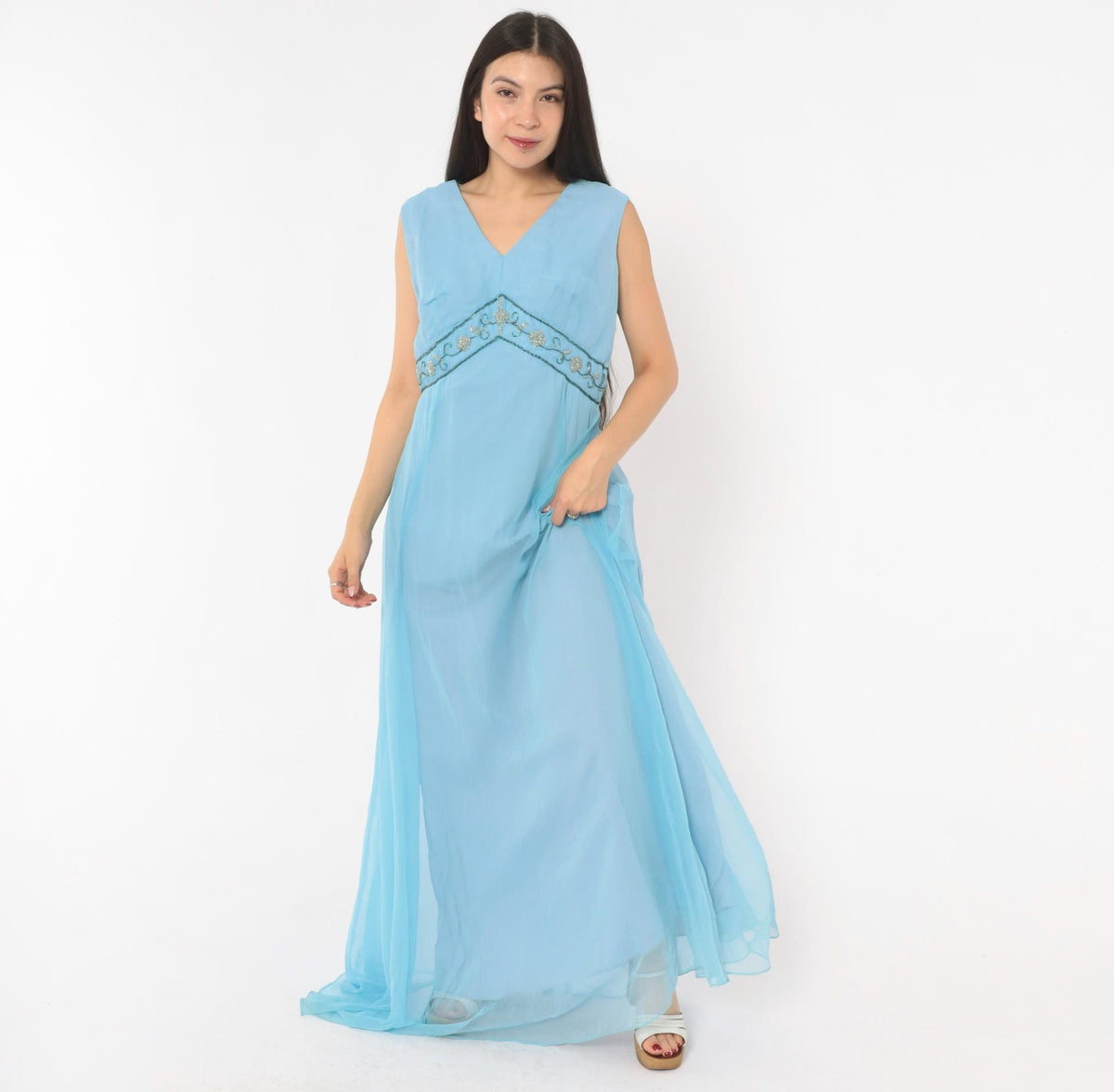 70s Elgin Dress Sky Blue Empire Waist Maxi Gown Beaded V Neck Large L