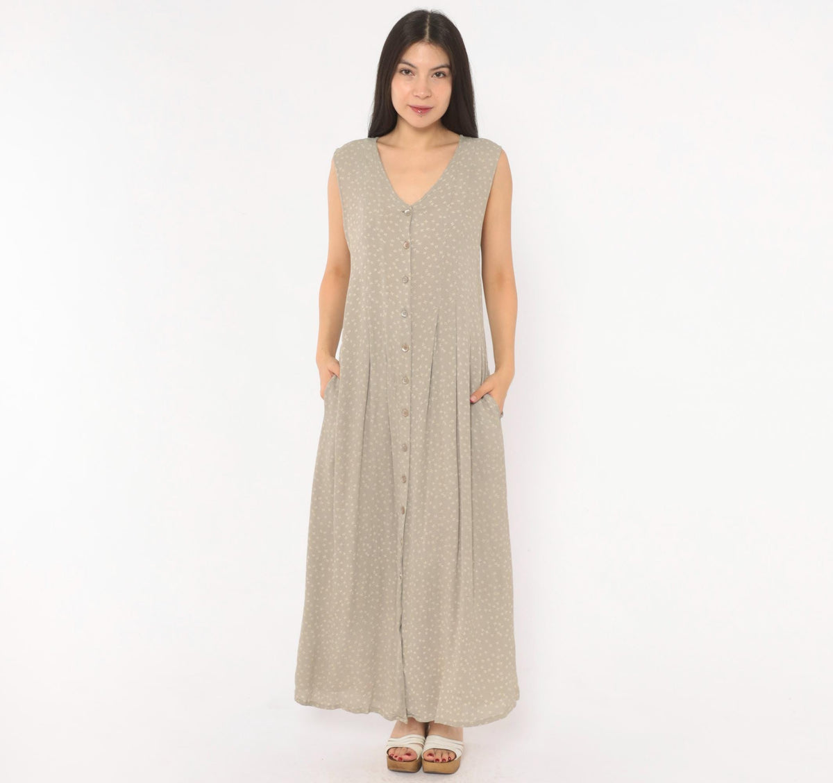 90s Bryn Connelly Ditsy Floral Maxi Dress Grey Cream Button Front Large L