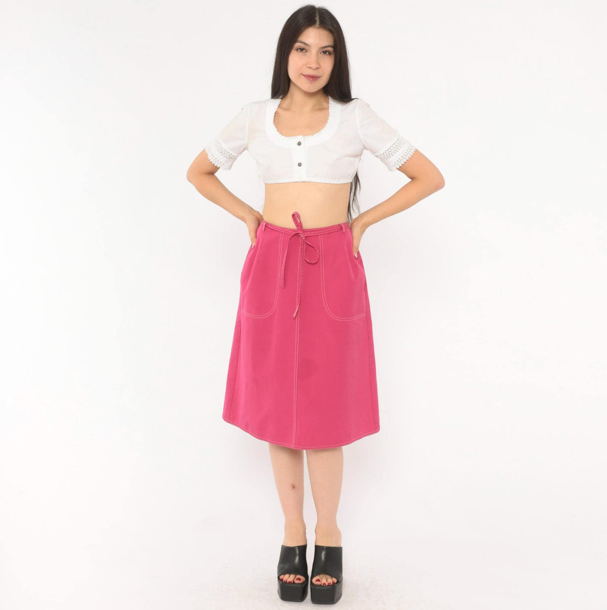 80s Koret Hot Pink A-Line Skirt Tie Waist Patch Pockets Small Medium