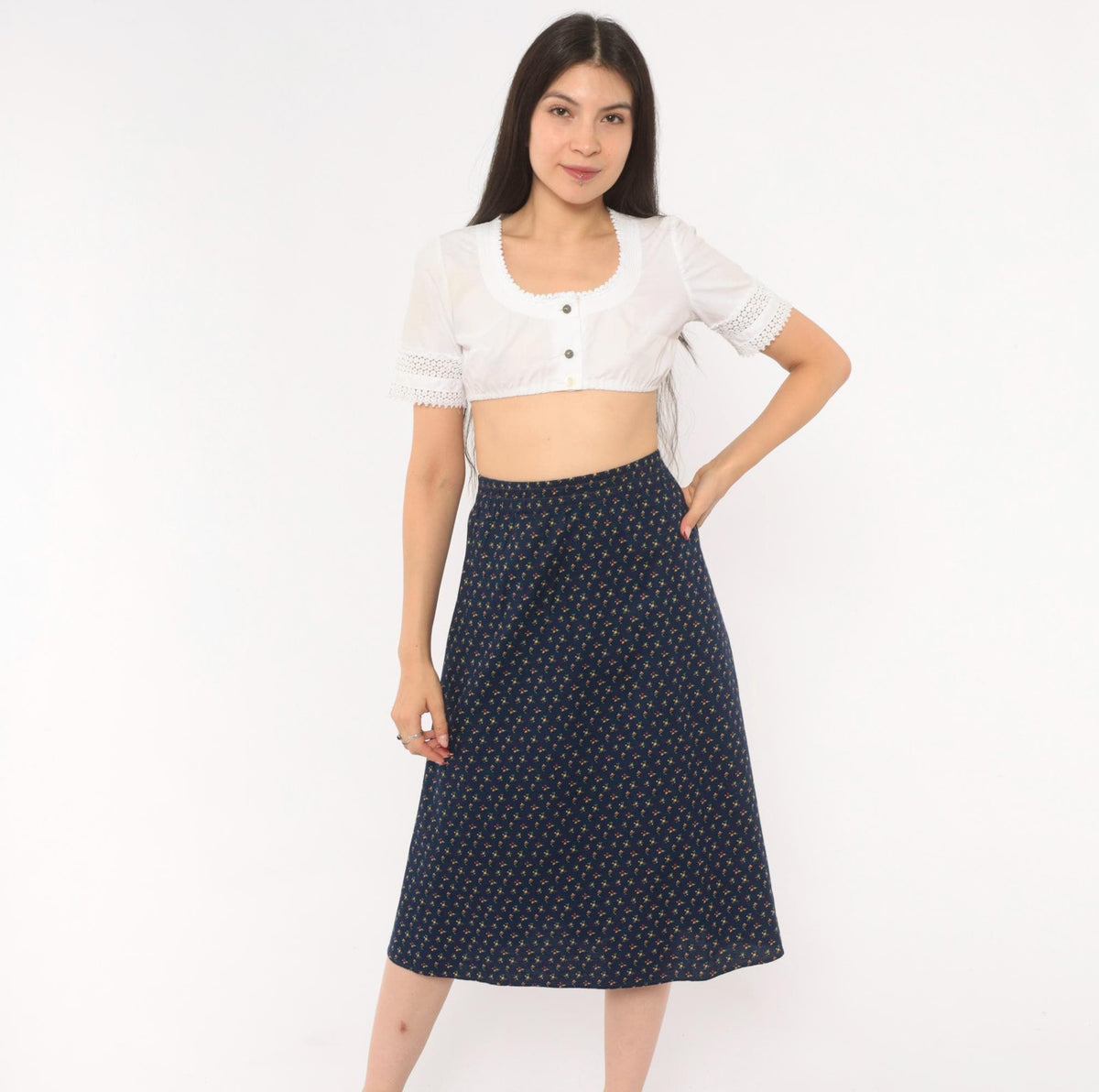 70s Faa 1st American Apparel Floral A-Line Skirt Navy Cotton Knee Length Large