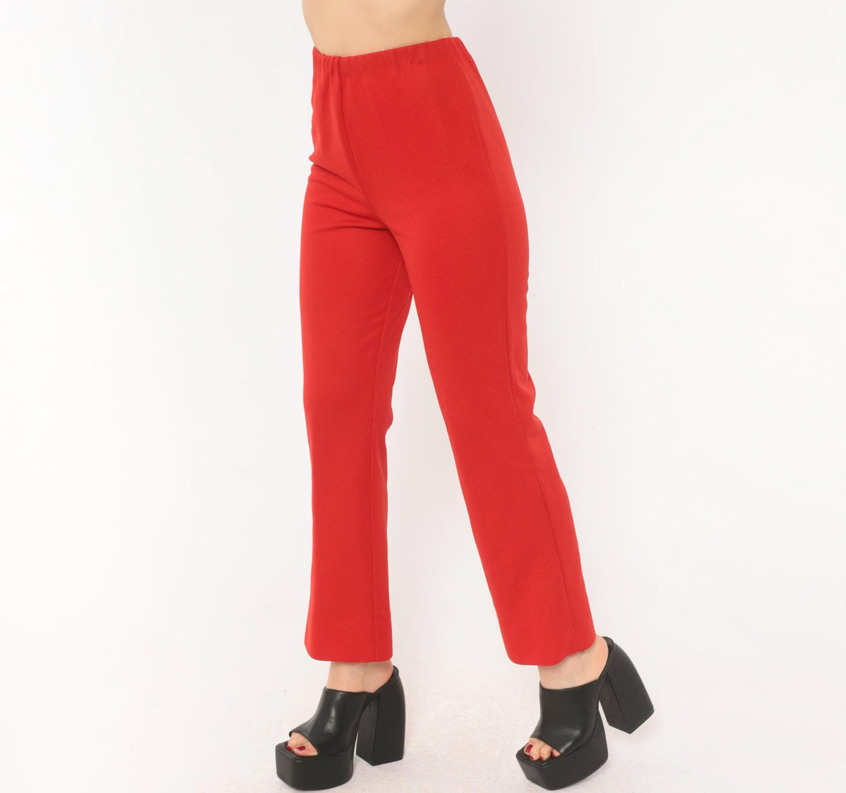 70s Red High Rise Straight Leg Pants Elastic Waist Pull On Trousers Extra Small XS