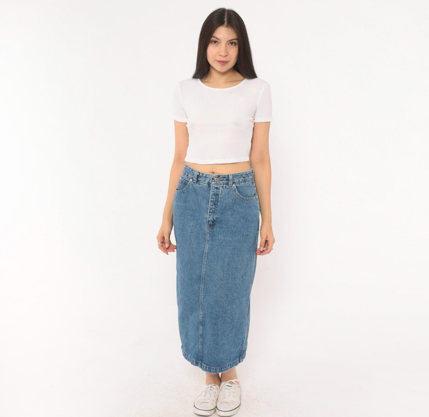 90s Jordache Denim Midi Skirt Medium Wash High Waist Straight Pencil Back Slit Small