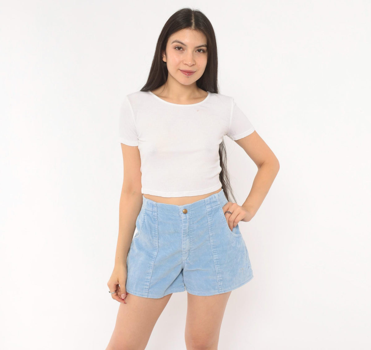 80s Ocean Pacific Corduroy Shorts Sky Blue High Waist Cotton Medium