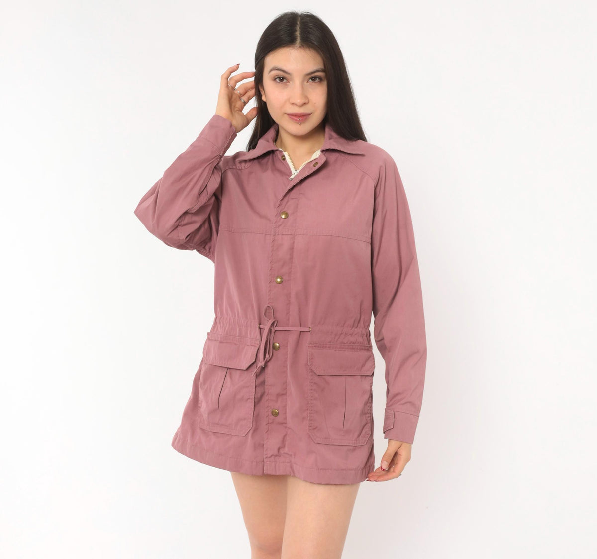 80s Woolrich Woman Mauve Jacket Snap Button Drawstring Waist Medium M