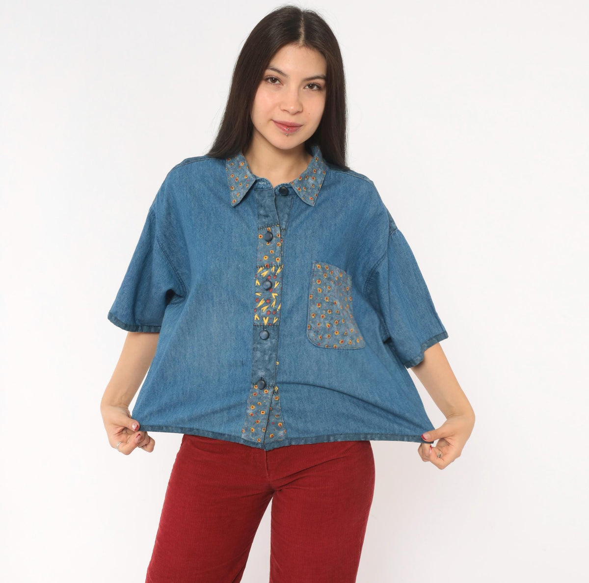 90s St. Jeanne Denim Shirt Patchwork Print Button Front Cotton Extra Large XL