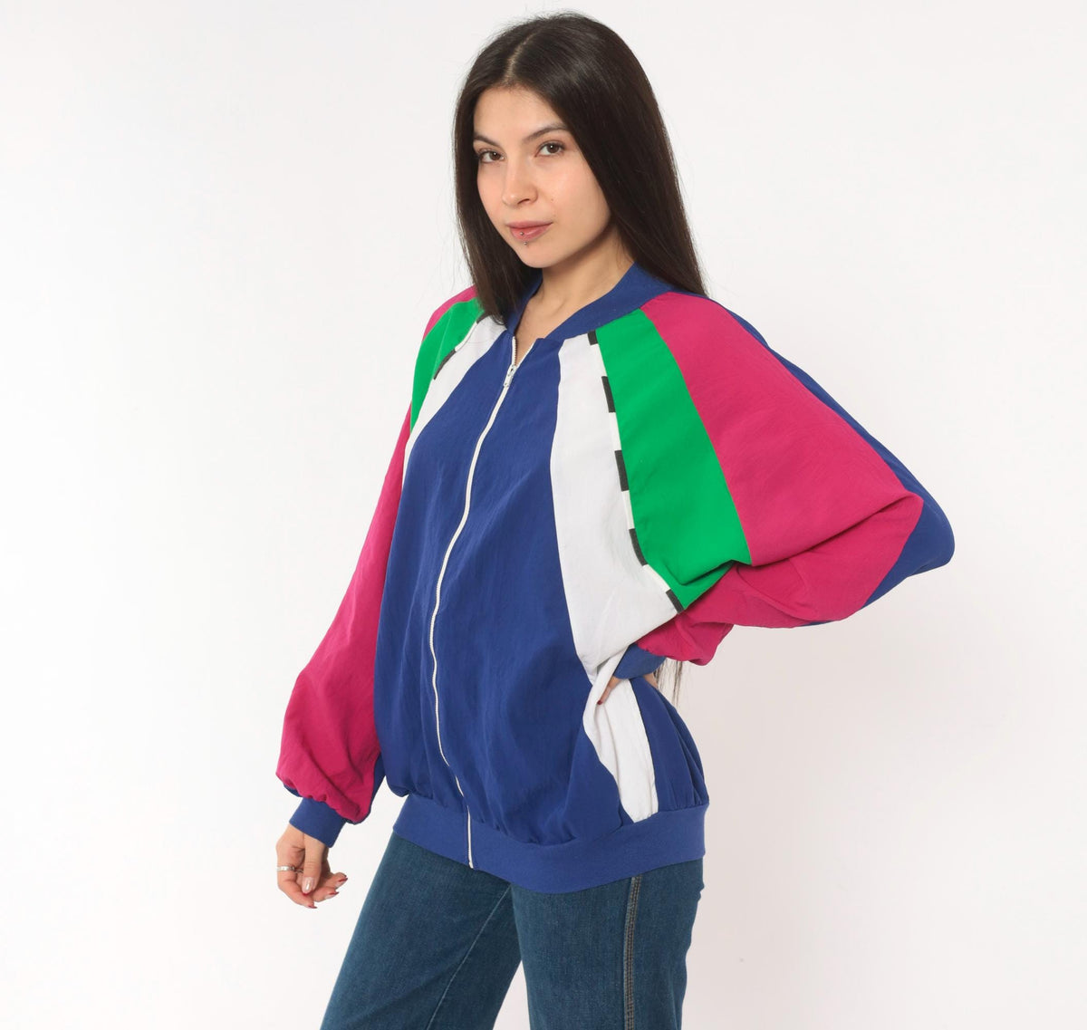 80s Susan Christopher Color Block Windbreaker Navy Magenta Medium M