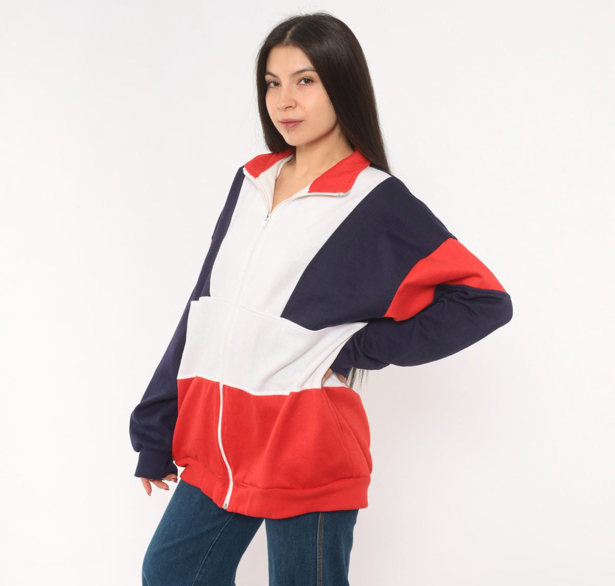 80s Active Wear Color Block Zip Jacket Navy Red White Striped Men's Large