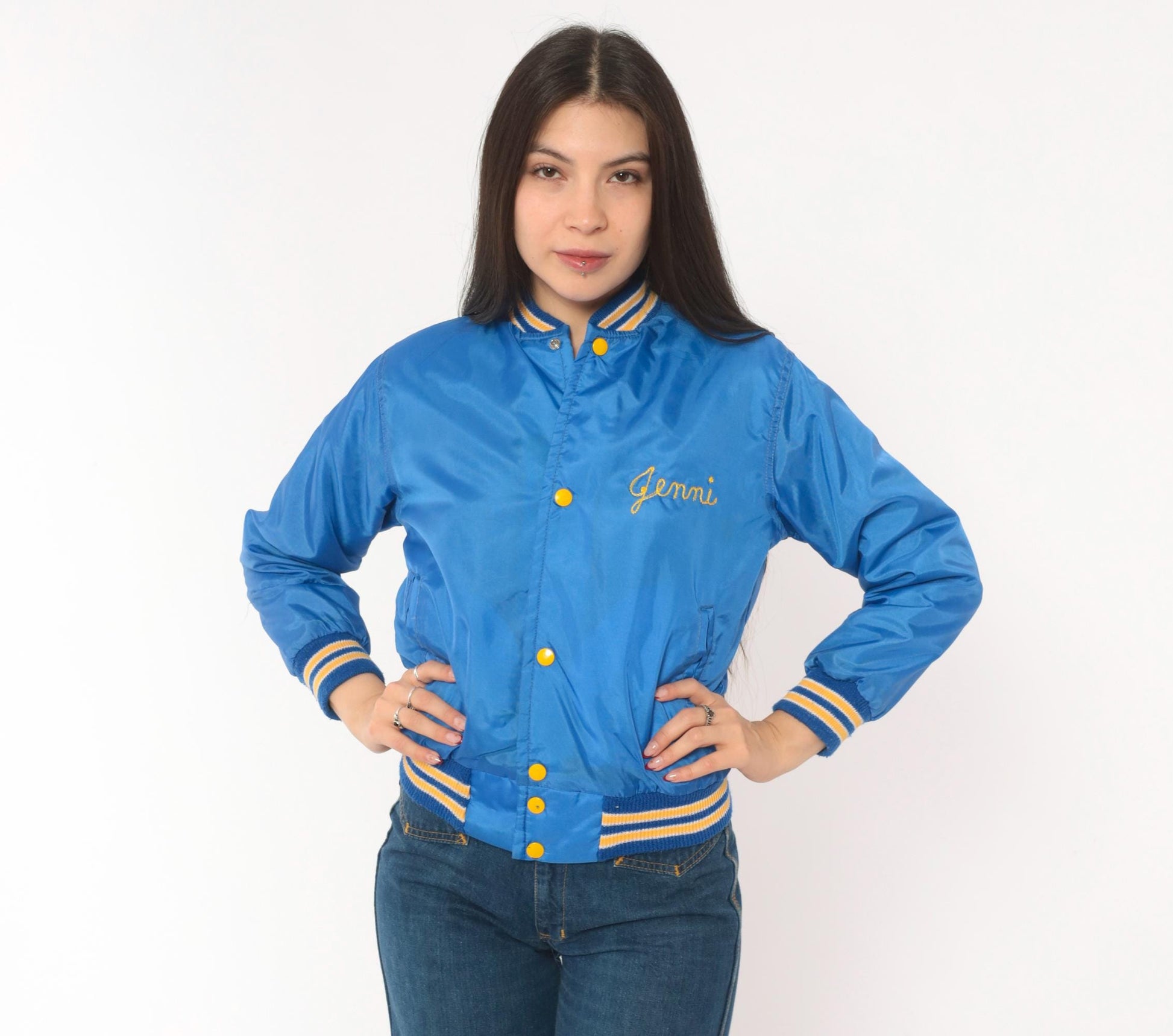 80s West Wind Royal Blue Satin Bomber Jacket Hastings Embroidered Gold Lined XS