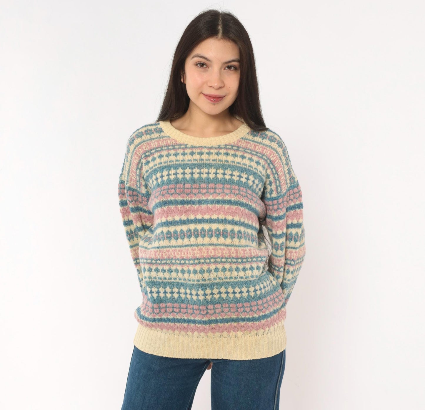 80s American Eagle Fair Isle Wool Sweater Cream Pink Blue Large