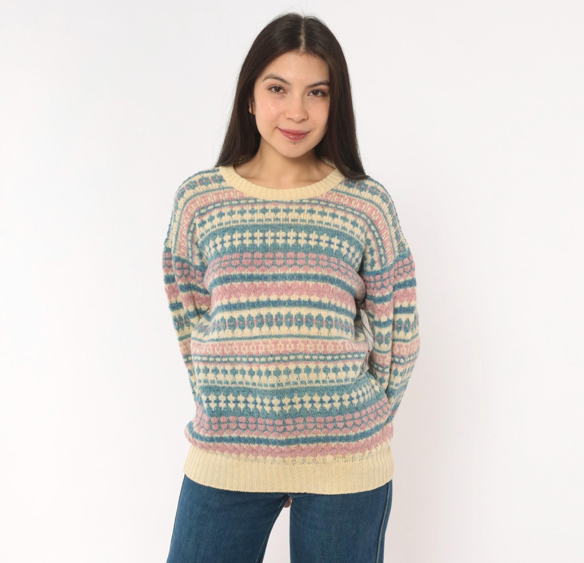 80s American Eagle Fair Isle Wool Sweater Cream Pink Blue Large