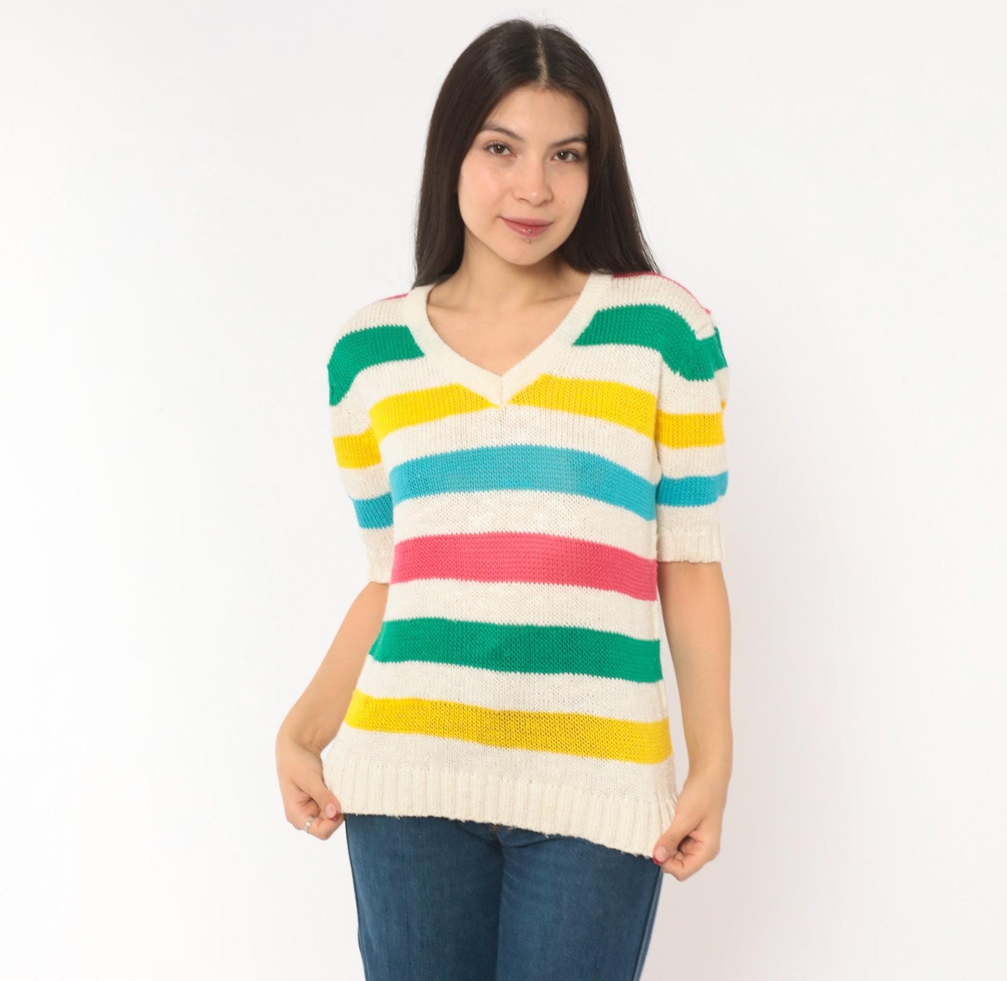 90s Brittania Rainbow Stripe V-Neck Knit Pullover Cream Cotton Medium M