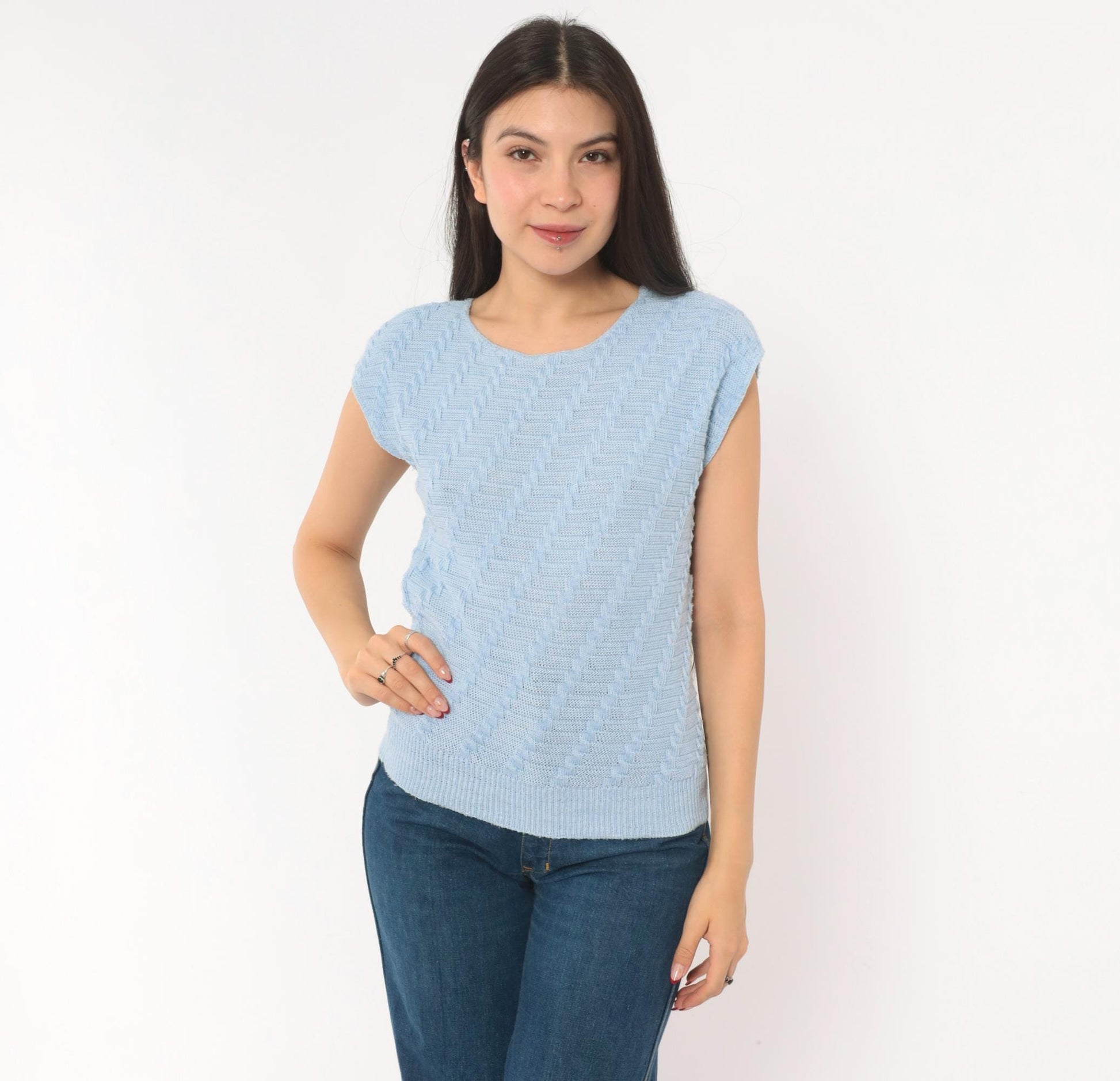 80s King Basketweave Knit Top Cap Sleeve Powder Blue Small Medium