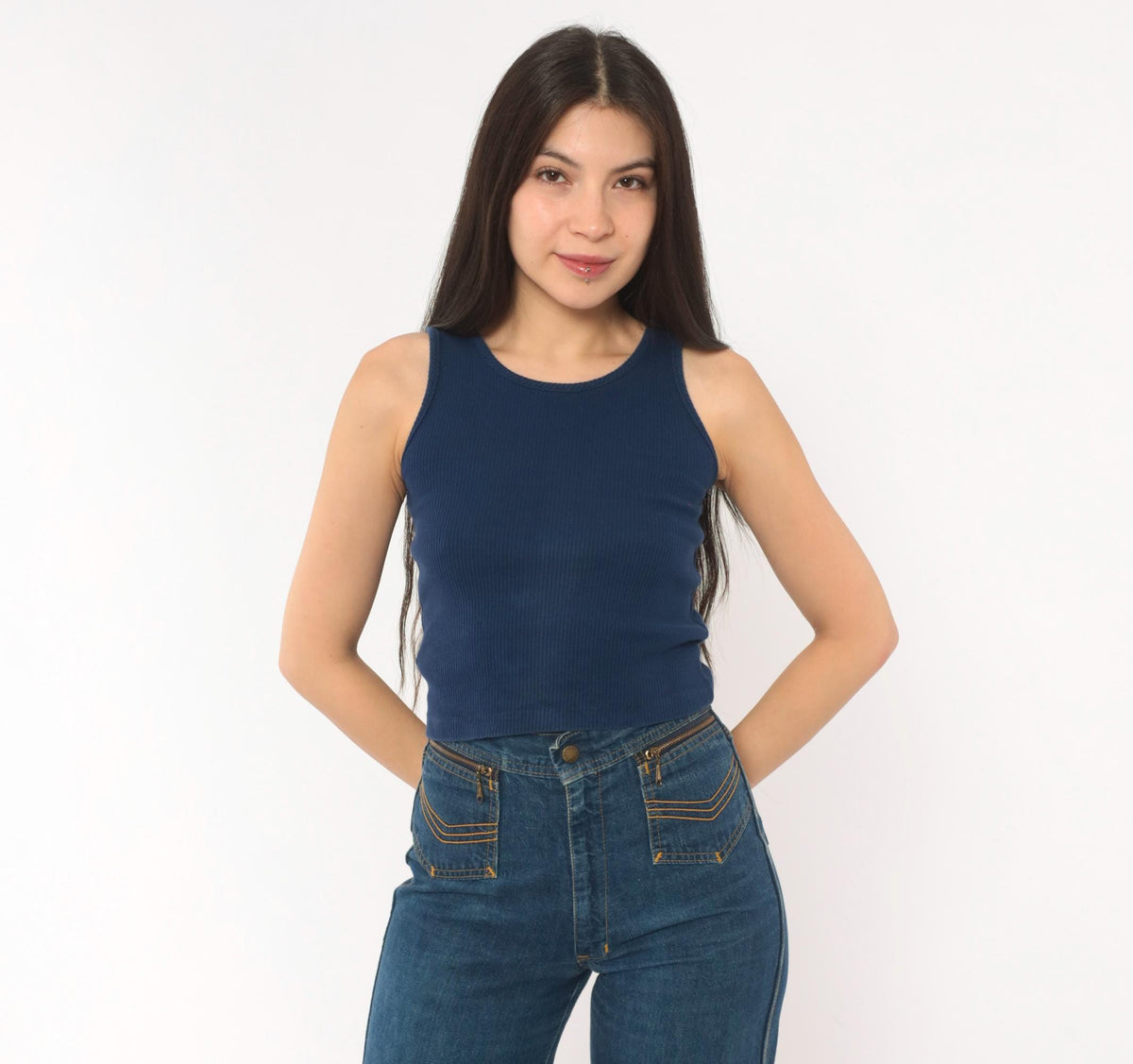 80s Navy Ribbed Tank Top Scoop Neckline Fitted Crop Cotton Extra Small XS