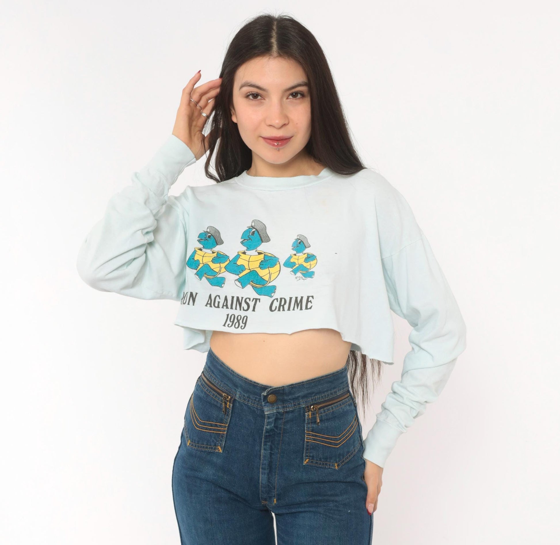 80s Run Against Crime 1989 Cartoon Turtle Police Crop Top Baby Blue Medium