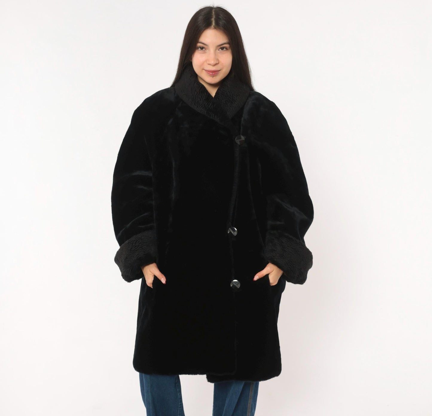 70s Gallery Black Faux Fur Coat Astrakhan Collar Knee-Length Extra Large XL