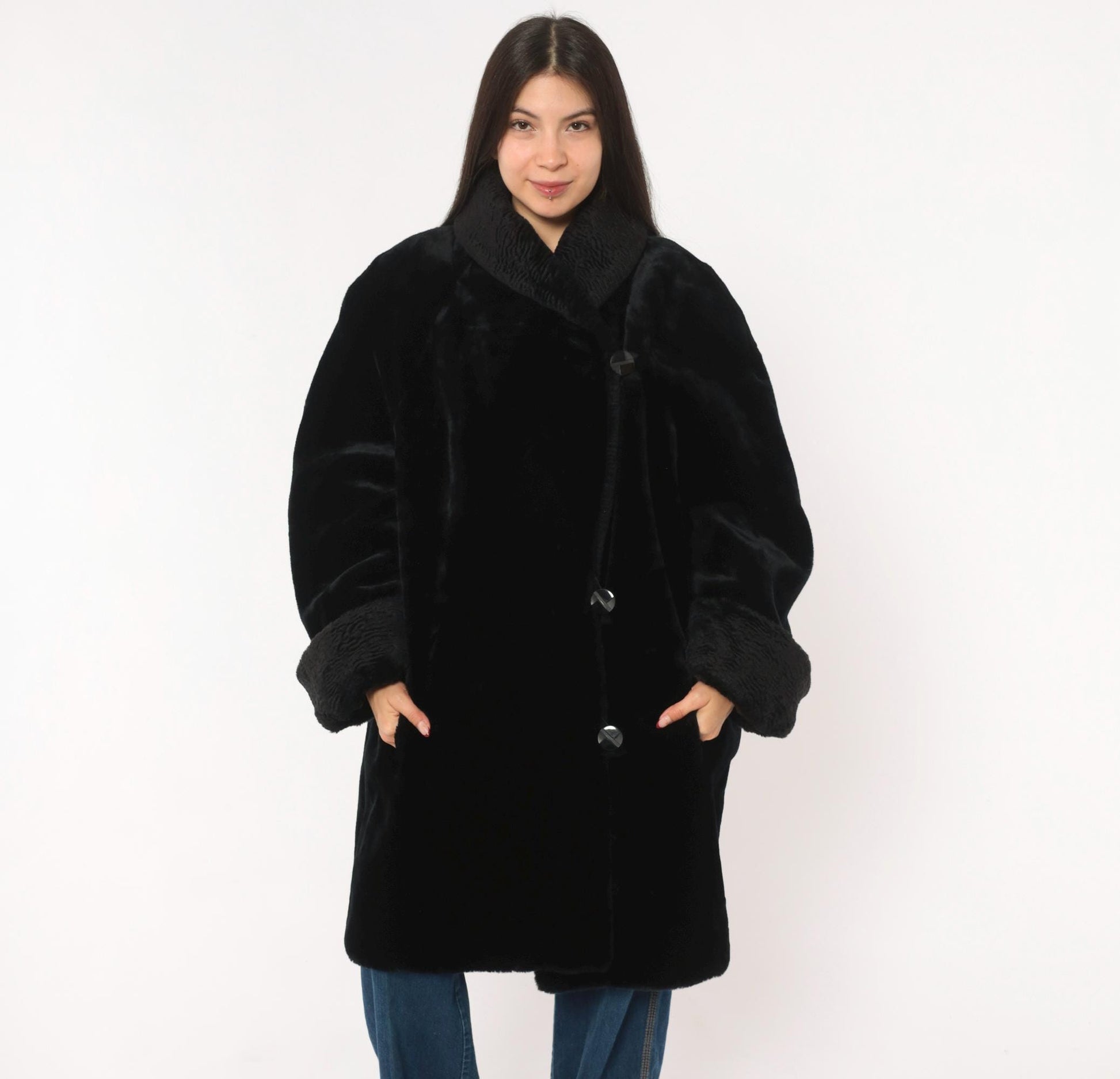 70s Gallery Black Faux Fur Coat Astrakhan Collar Knee-Length Extra Large XL