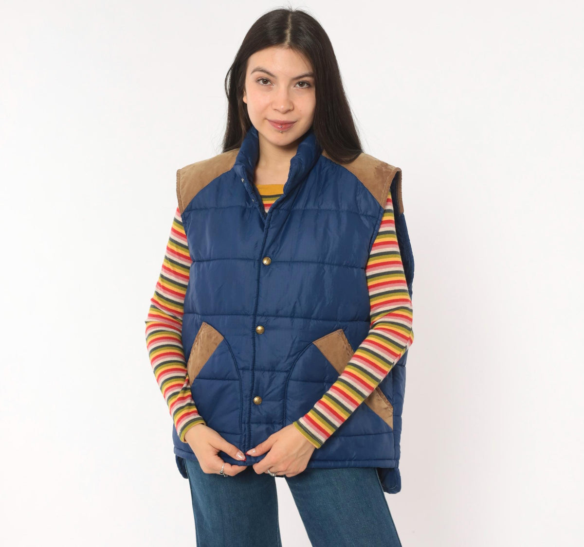 80s Navy Puffer Vest Quilted Suede Trim Snap Front Stand Collar Medium M