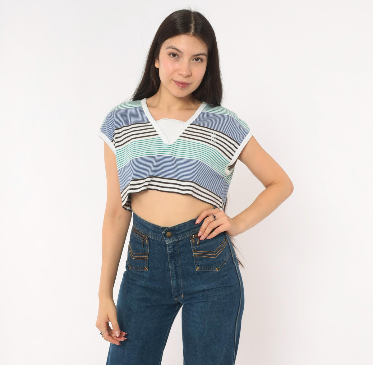 80s Lily's of Beverly Hills Striped Crop Top V-Neck Cap Sleeve Medium