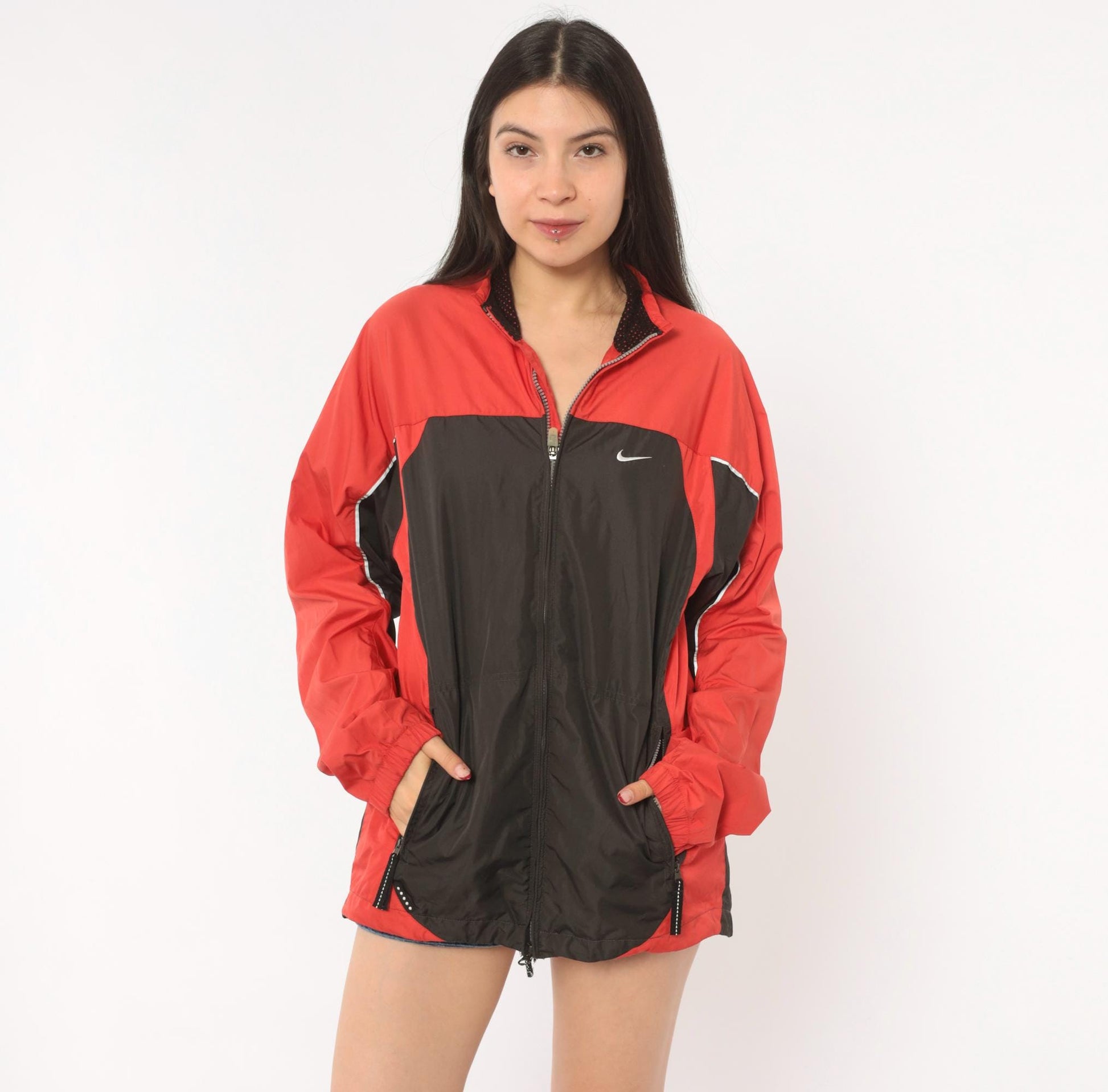 2000s Nike Windbreaker Red Black Color Block Raglan Small S