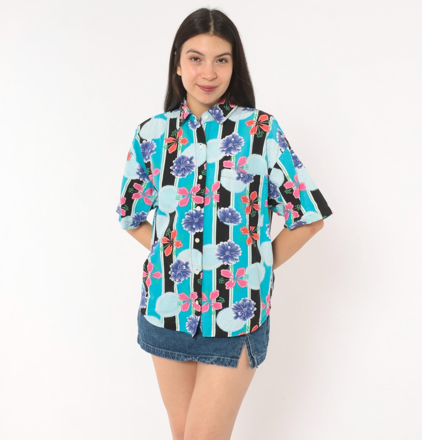 90s Justin Allen Chemise Floral Button Shirt Turquoise Chrysanthemum Medium M