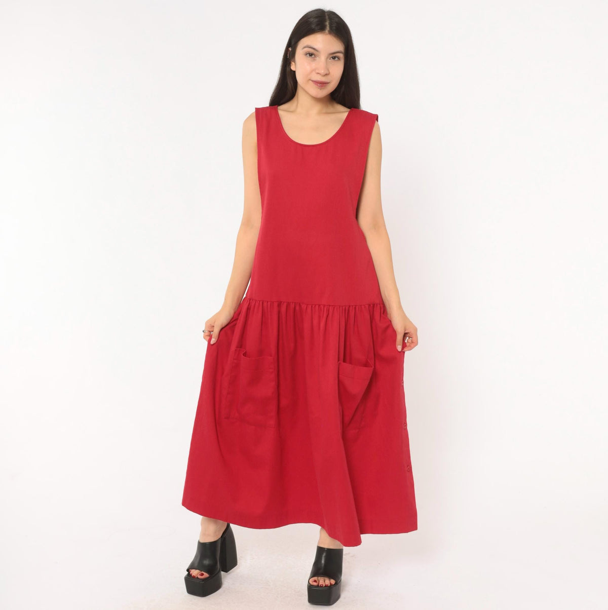 90s Carmel Crimson Red Maxi Dress Drop Waist Sleeveless Scoop Neck Large L