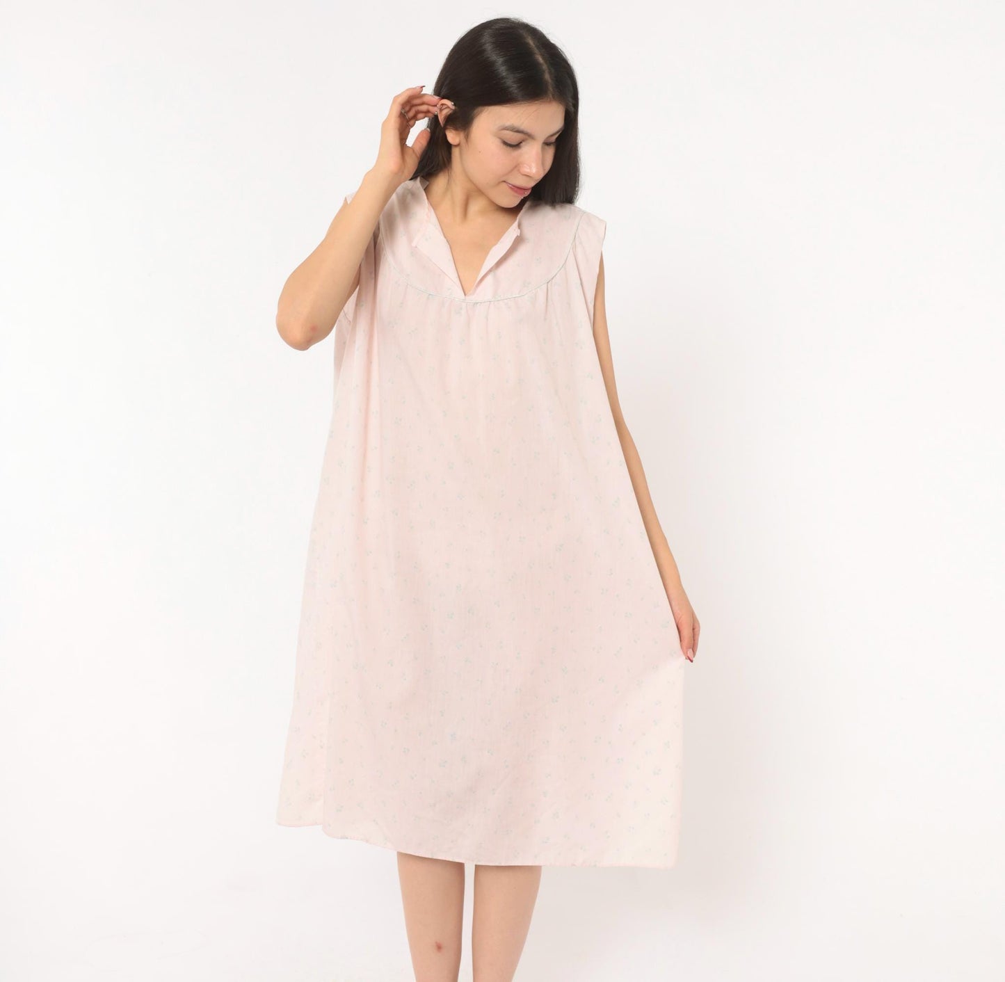 80s Pink Floral Sleeveless Nightgown Cotton V-Neck Knee-Length Extra Large