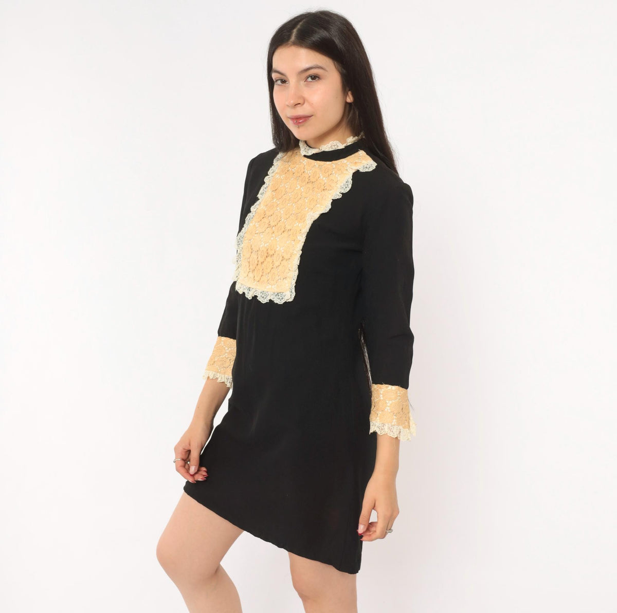 60s Black Mini Shift Dress Cream Lace Bib Mock Neck Ruffle Cuff Extra Small