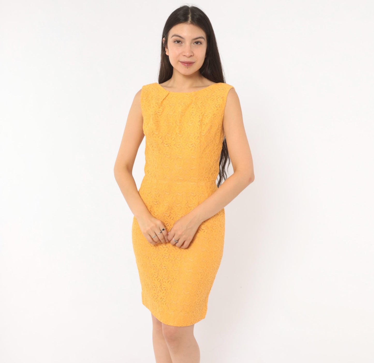 60s Golden Orange Lace Sheath Dress Boat Neck Sleeveless Knee Length Small