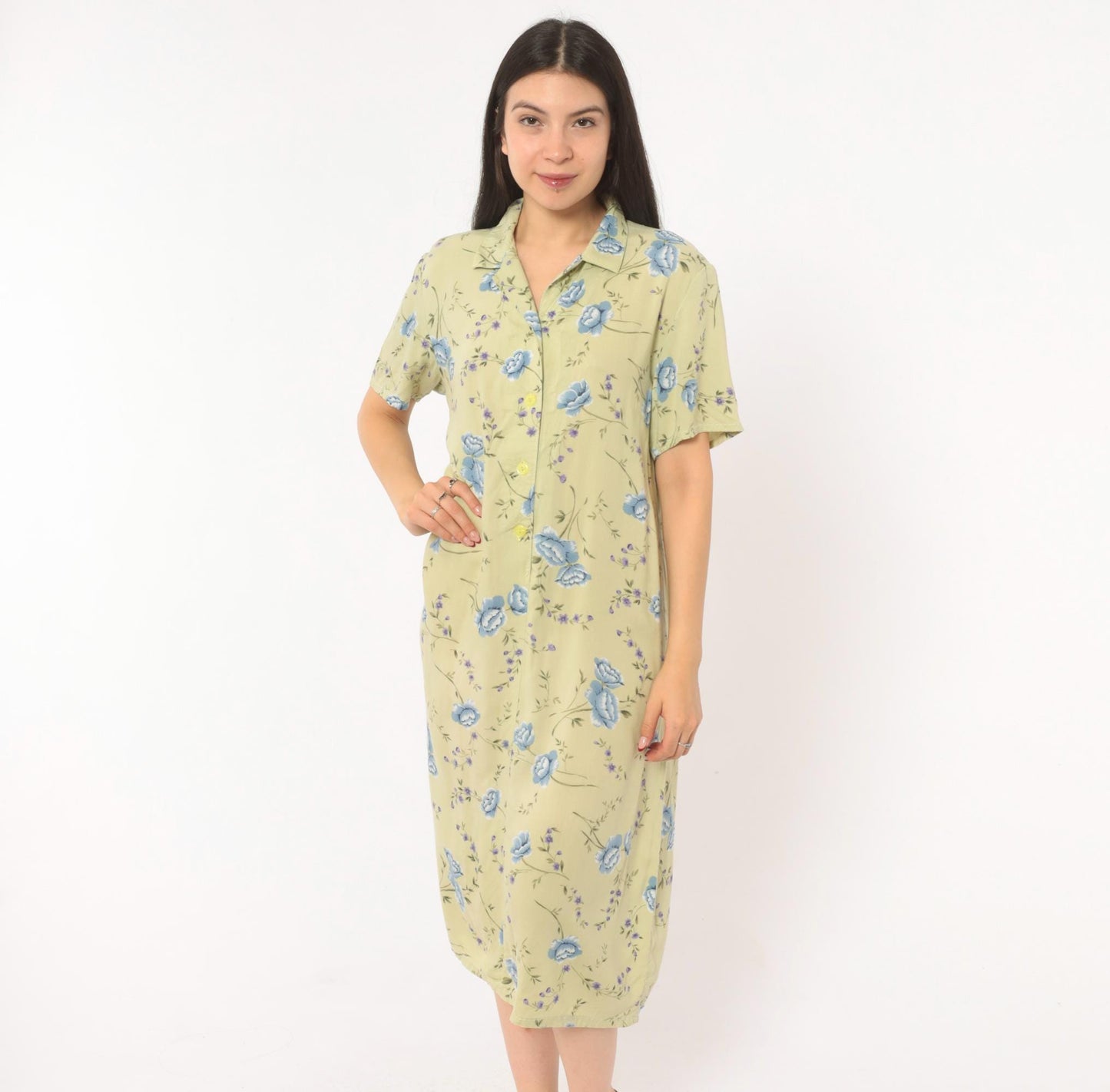 90s Sage Green Floral Shirt Dress Blue Rose Print Midi Medium M