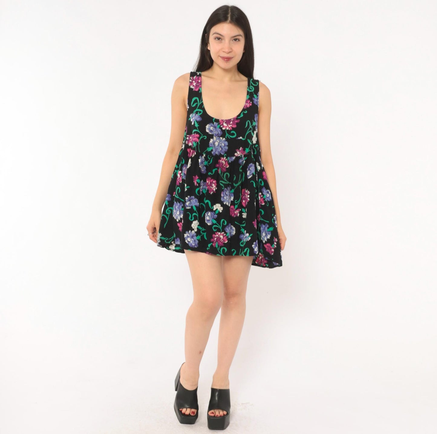 90s Katy D Floral Babydoll Mini Dress Black Empire Waist Scoop Neck Medium M