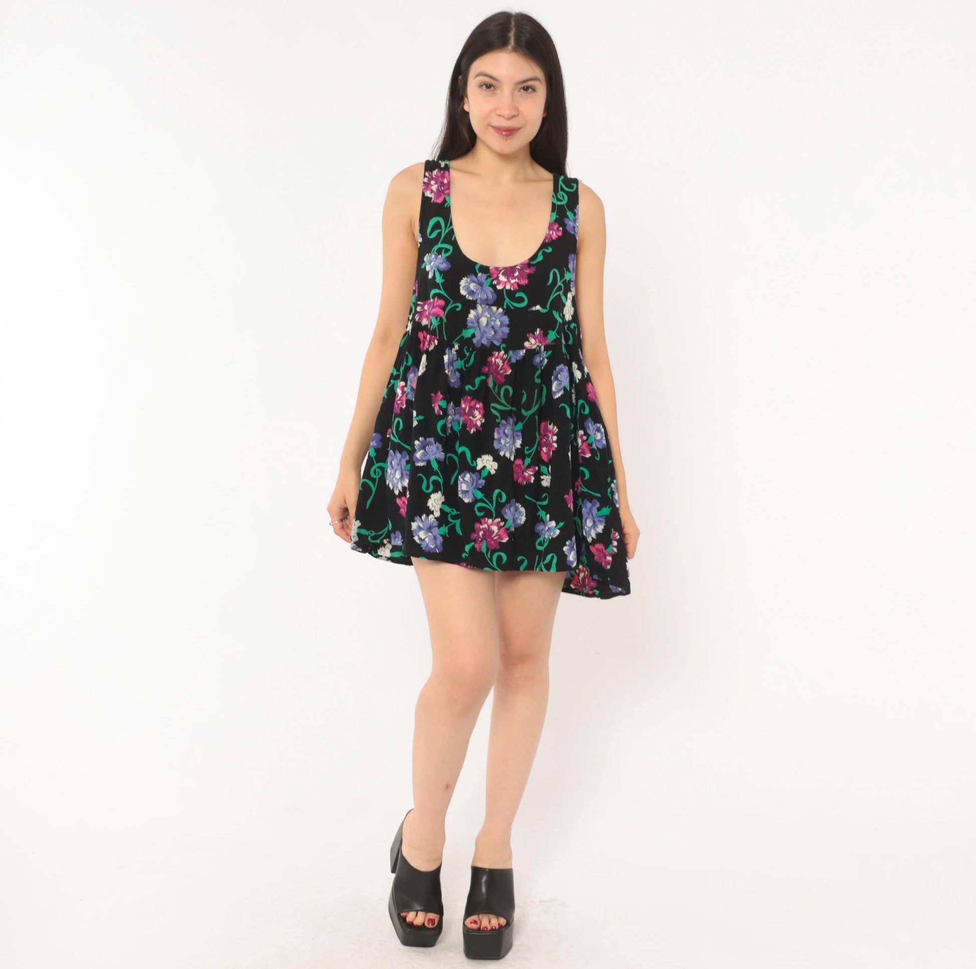 90s Katy D Floral Babydoll Mini Dress Black Empire Waist Scoop Neck Medium M