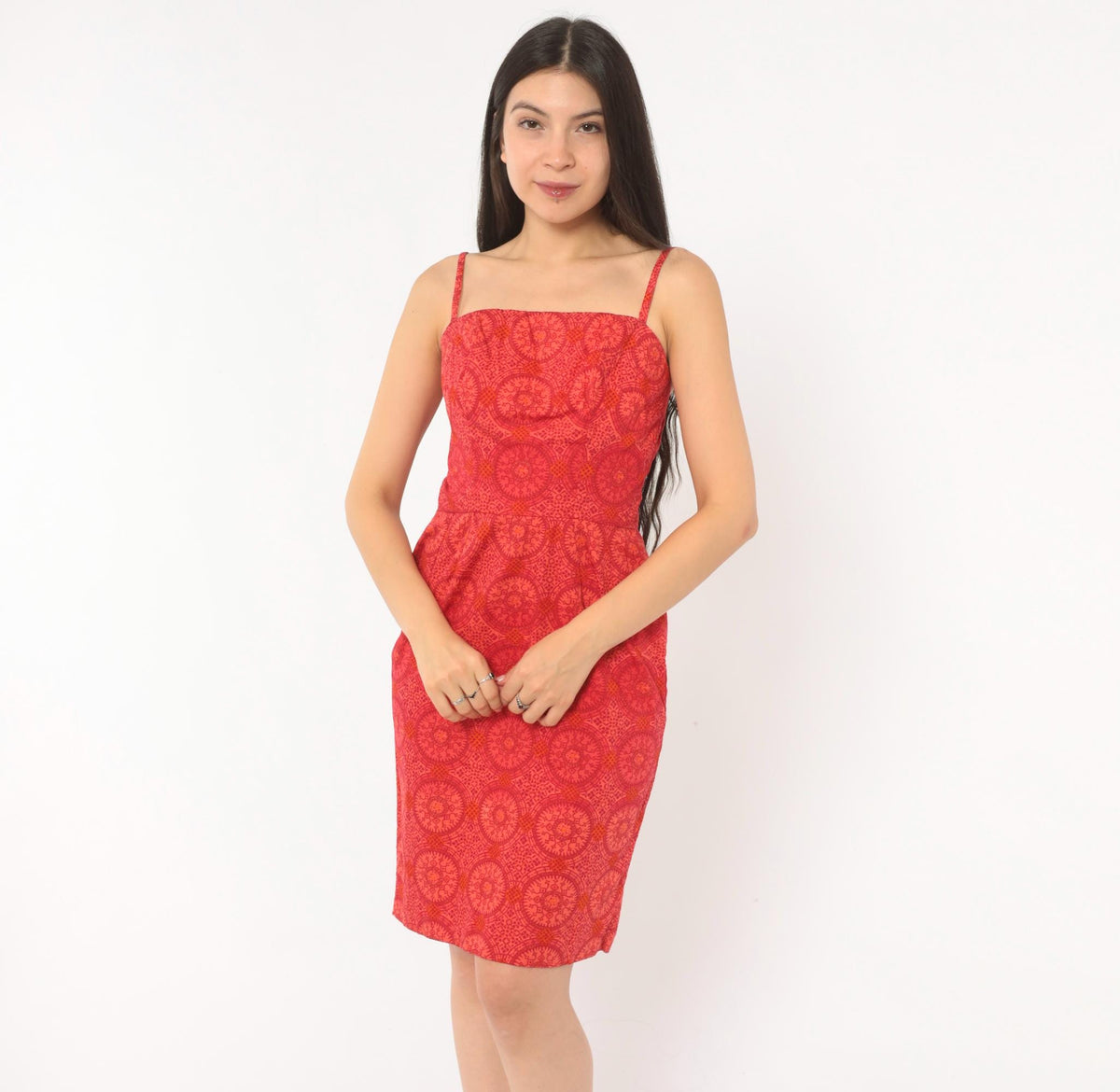 60s Medallion Print Sundress Red Orange Square Neckline Fitted Bodice Small