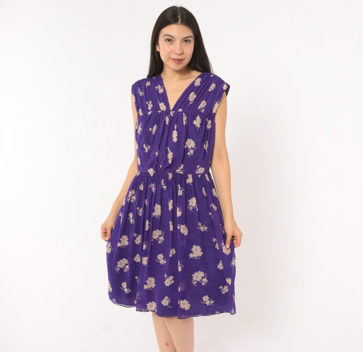Anna Sui 2000s Purple Silk Dress Daisy Floral V-Neck Cap Sleeve Medium M