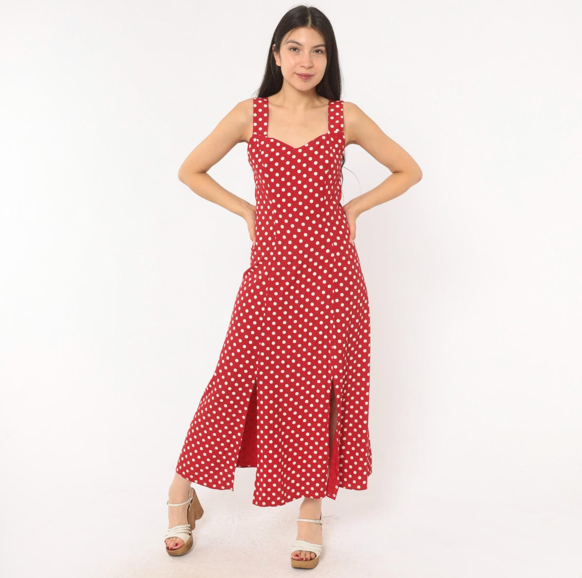 90s Gaccina Red White Polka Dot Midi Sundress Sweetheart Neckline Extra Small XS