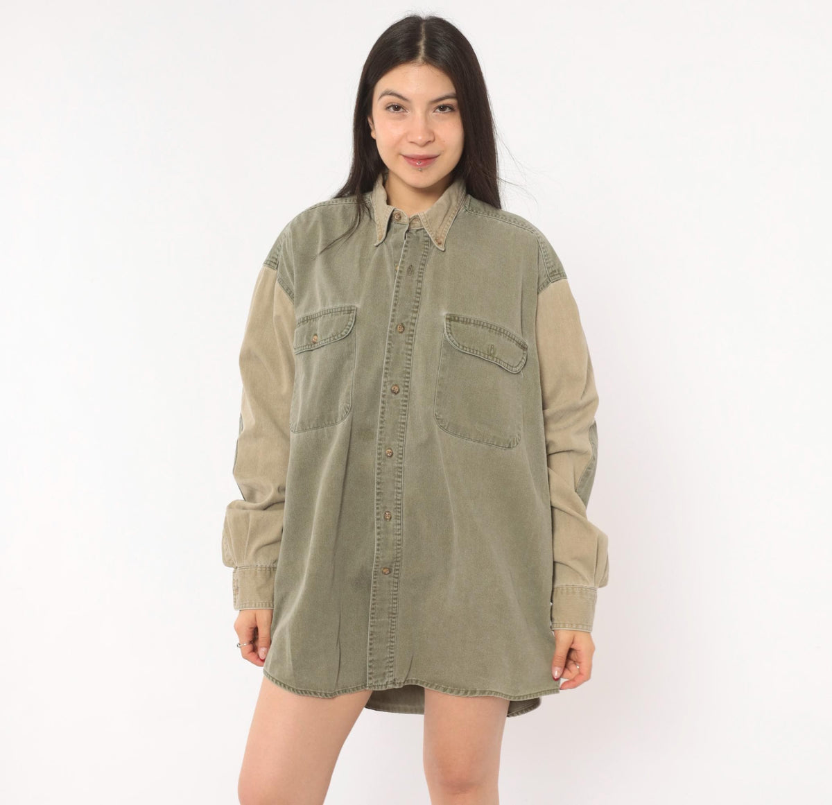 90s Redhead Two-Tone Corduroy Button-Up Shirt Olive Tan Large L