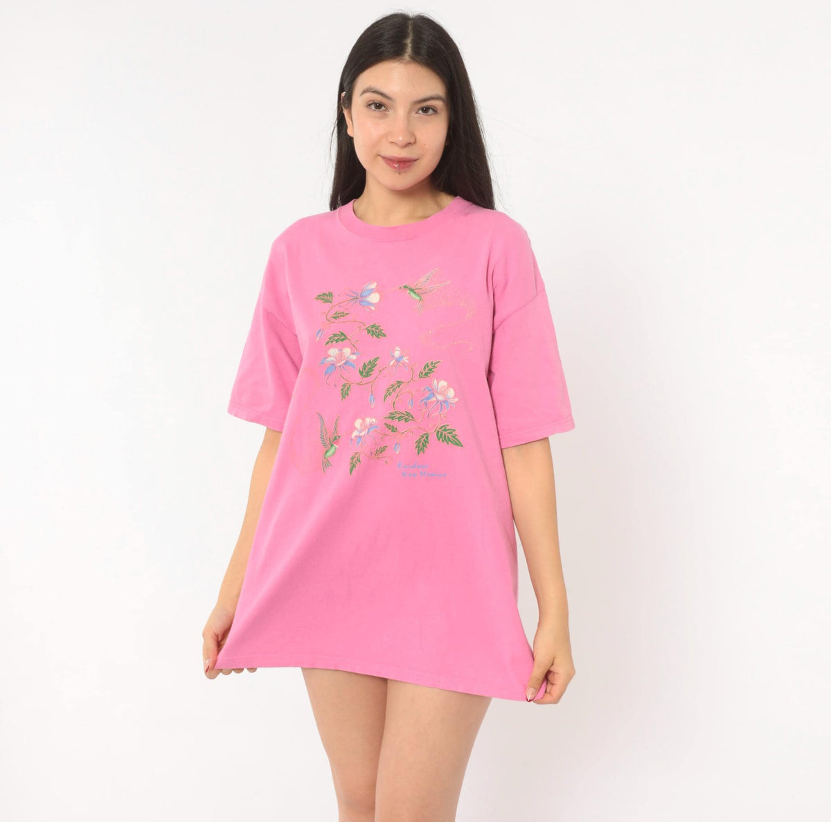 2000s Sportex Hummingbird Floral Graphic Tee Pink Cotton Ruidoso New Mexico Large L
