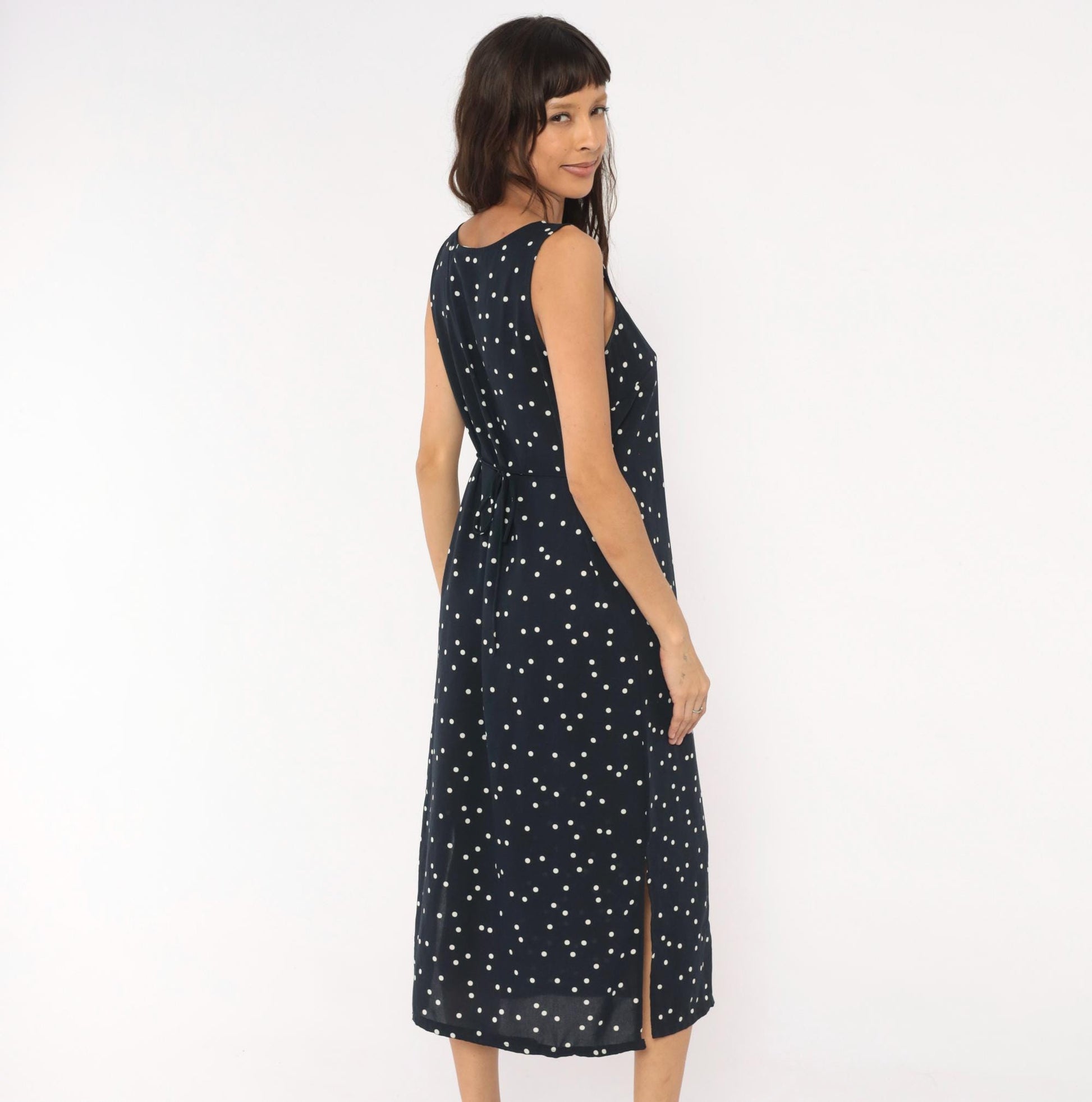 90s Navy Polka Dot Midi Dress Sleeveless Scoop Neck White Spotted Medium