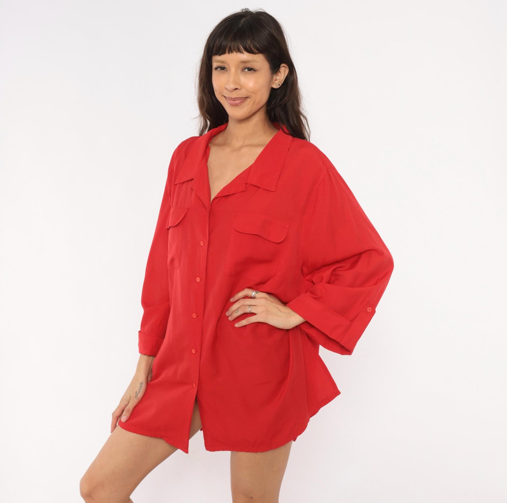 90s Carolina Colours Plus Red Camp Collar Shirt Dress Mini XXL