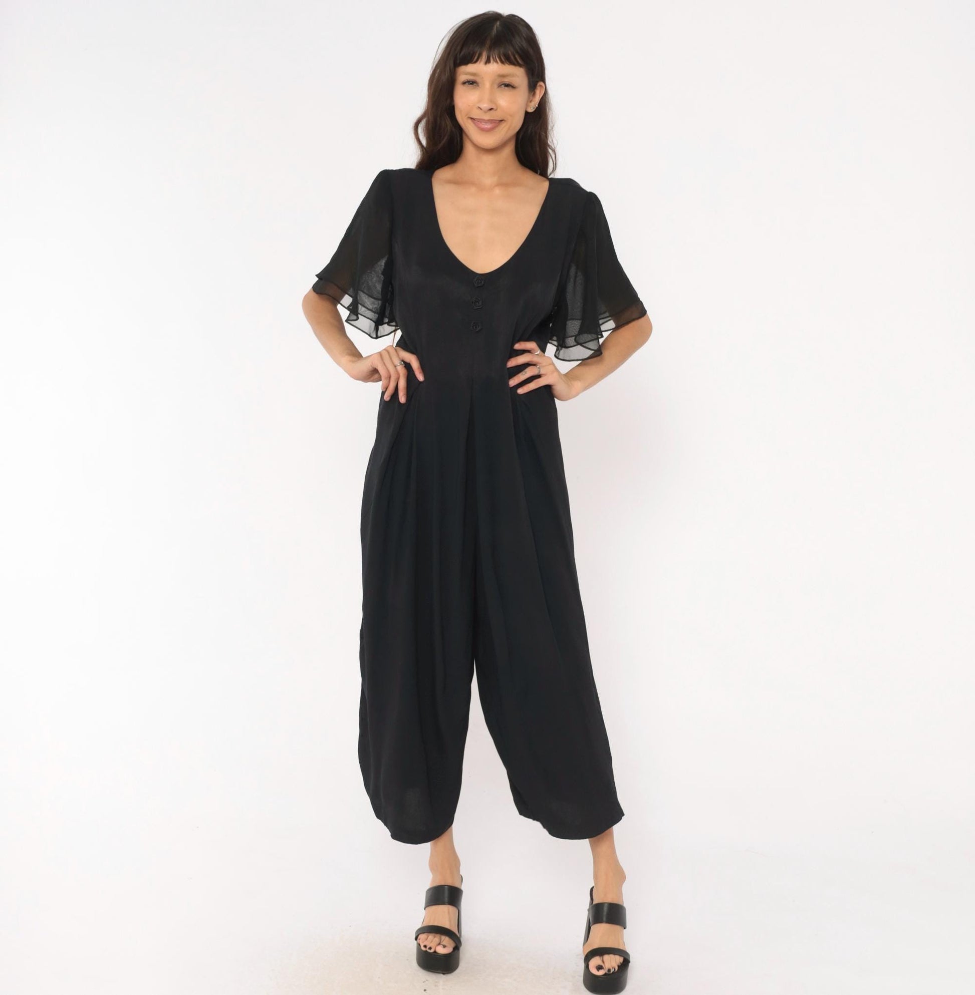 90s Jaffery & Dane Black Jumpsuit Flutter Sleeve Wide Leg Pleated Waist Large L