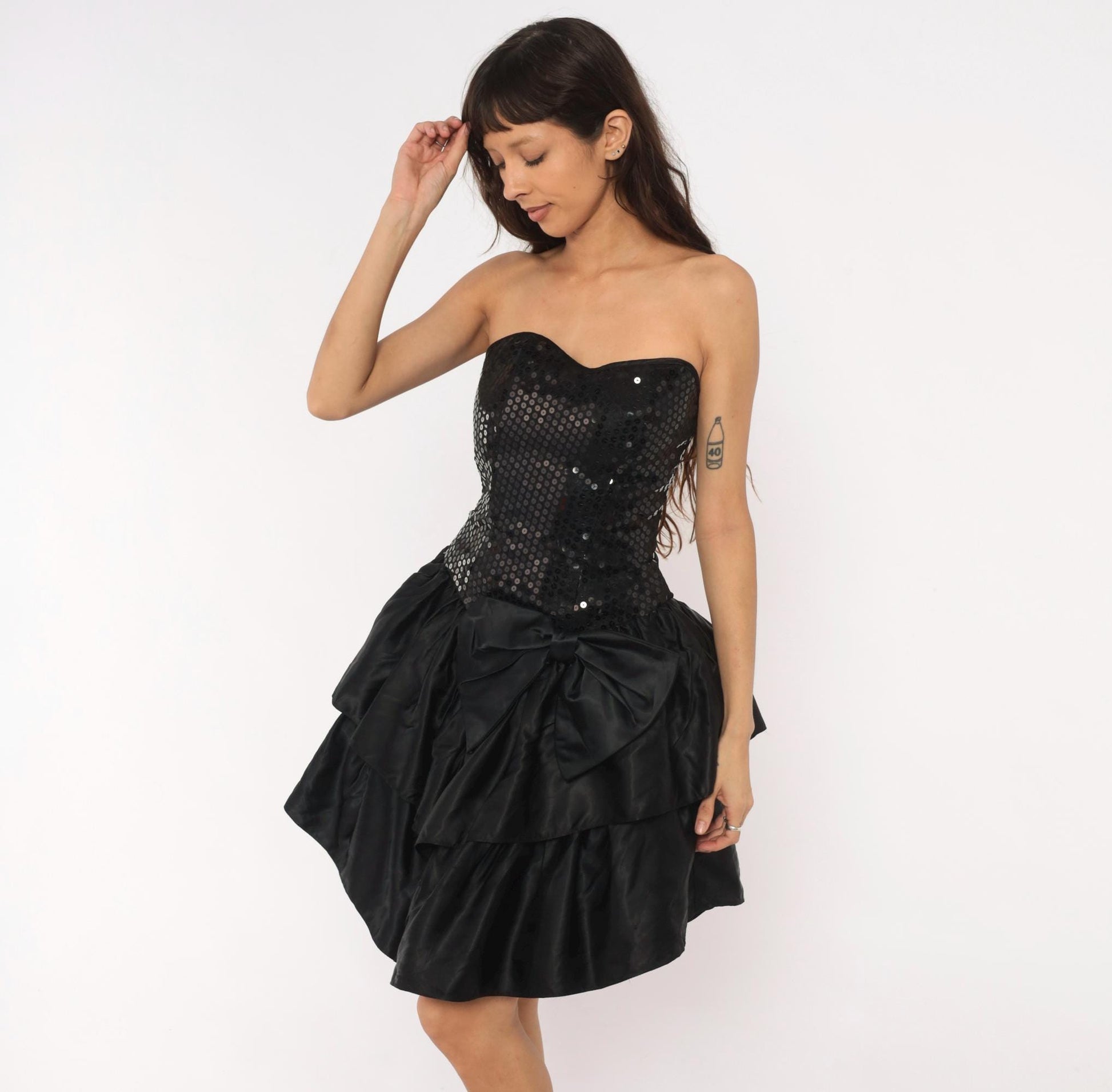 90s Roberta Black Sequin Strapless Mini Dress Sweetheart Neckline XS
